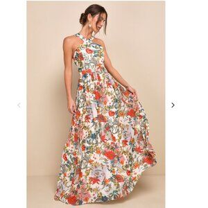 Lulus Lilja Cream Floral Maxi Dress – Romantic Chiffon Halter Wedding Guest